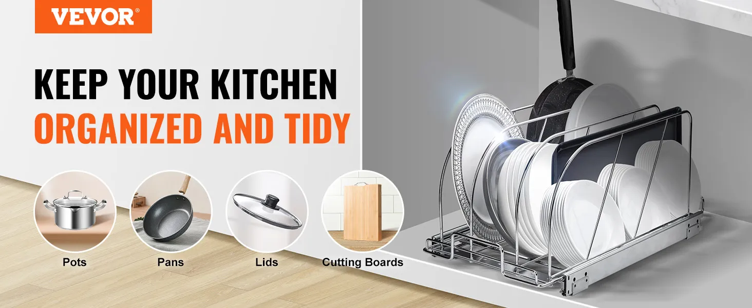 VEVOR pan and pot rack for organizing pots, pans, lids, and cutting boards in a tidy kitchen.
