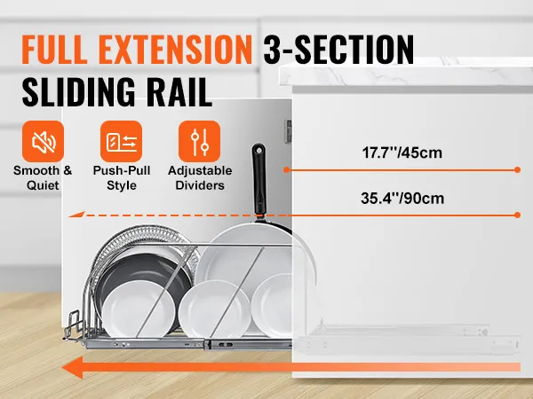 VEVOR pan and pot rack with full extension 3-section sliding rail, smooth & quiet, push-pull style.