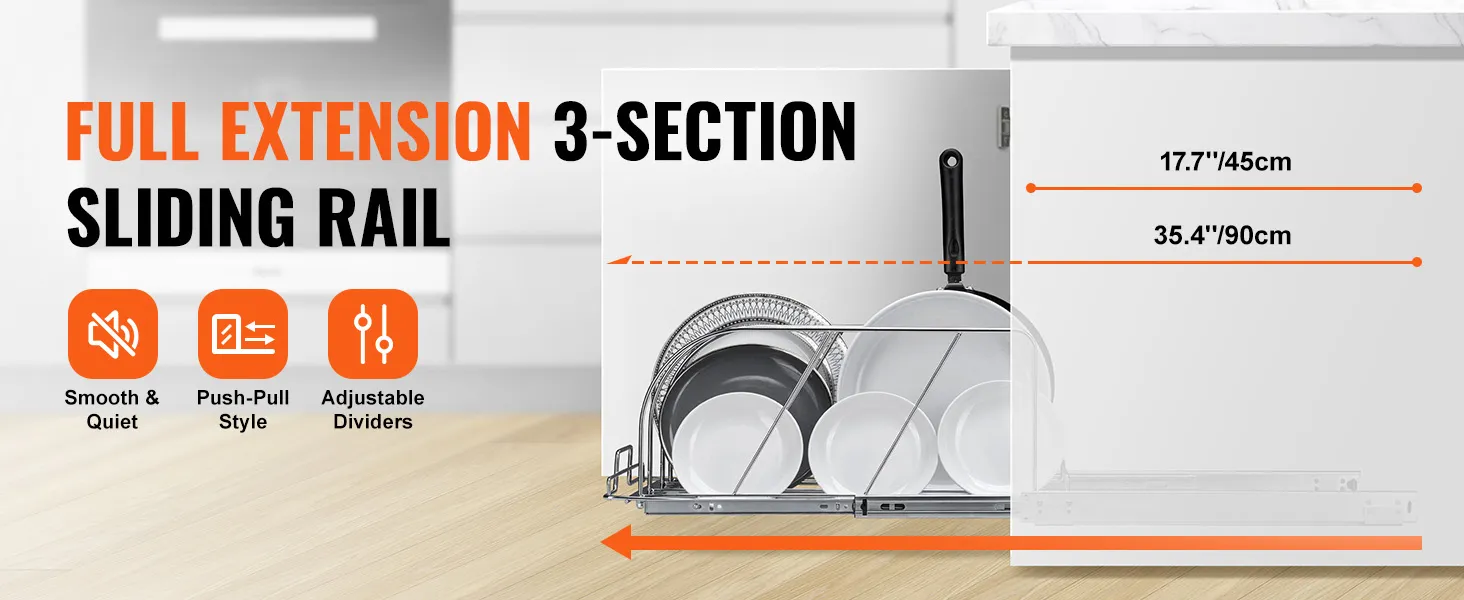 VEVOR pan and pot rack with full extension 3-section sliding rail, smooth & quiet, push-pull style.