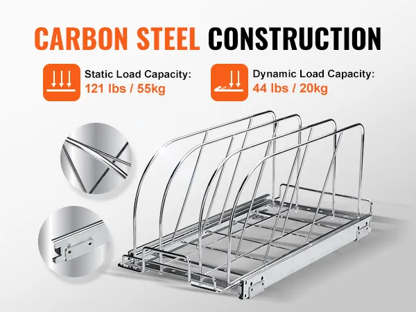 carbon steel VEVOR pan and pot rack with 121 lbs static and 44 lbs dynamic load capacity.