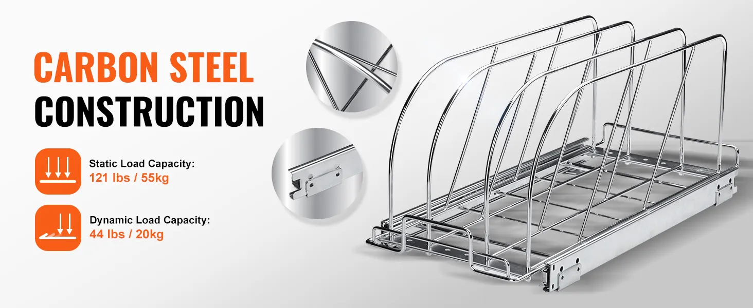carbon steel VEVOR pan and pot rack with 121 lbs static and 44 lbs dynamic load capacity.