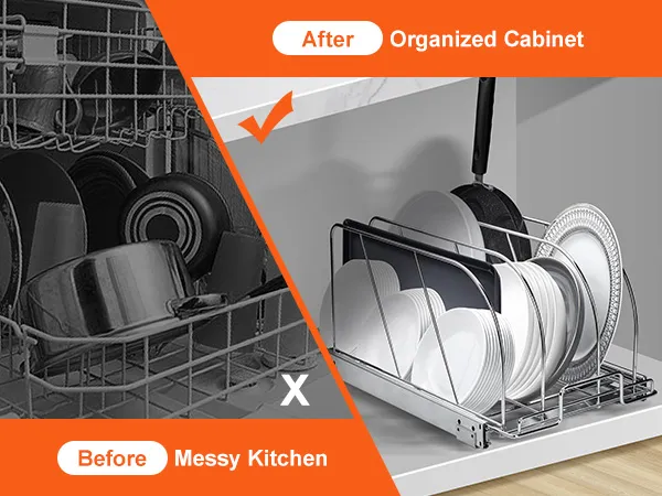 before messy kitchen, after organized cabinet with VEVOR pan and pot rack holding dishes and cookware.