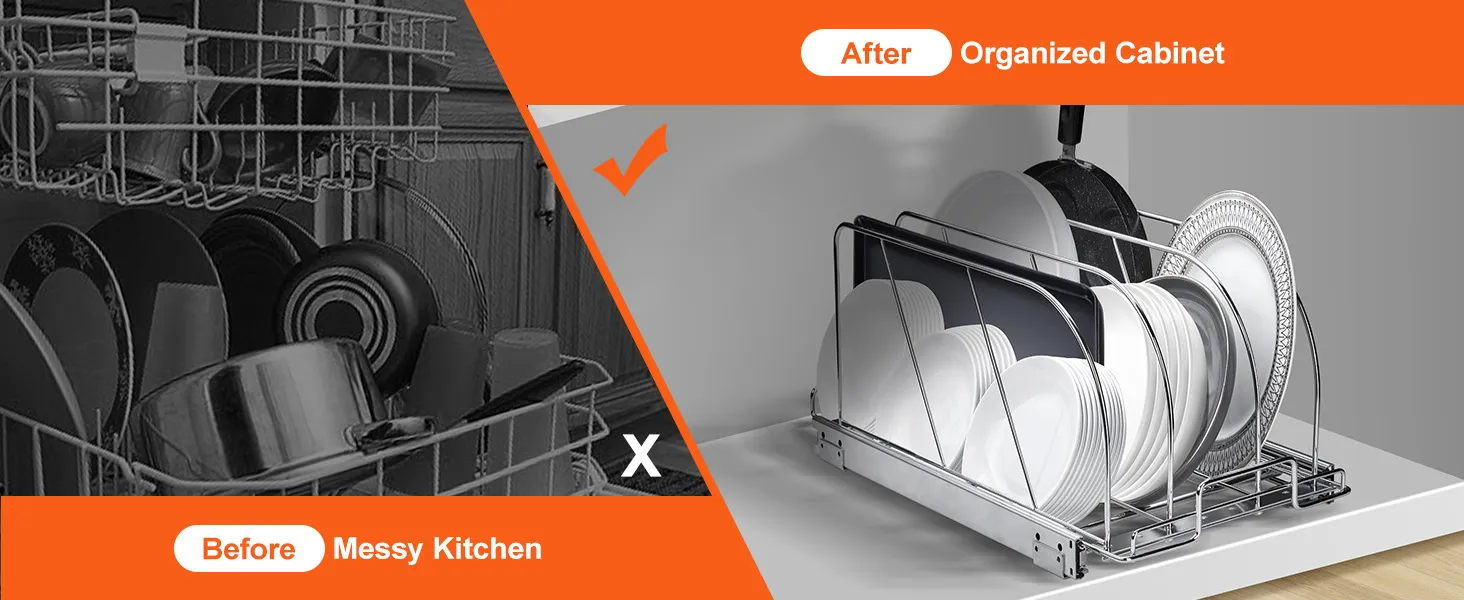 before messy kitchen, after organized cabinet with VEVOR pan and pot rack holding dishes and cookware.