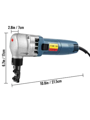 VEVOR sheet metal nibbler with dimensions: 6.7in x 2.8in x 10.8in.