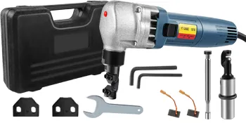 VEVOR sheet metal nibbler with case and accessories including wrench and extra parts.