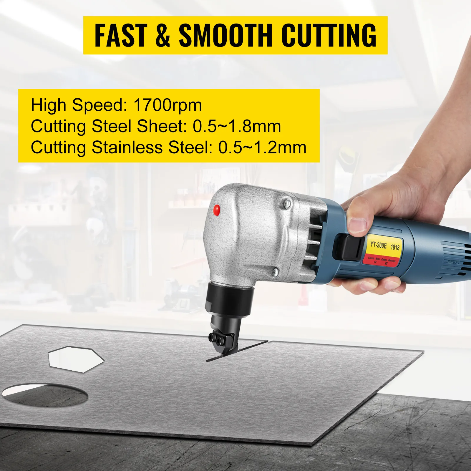VEVOR sheet metal nibbler cutting metal sheet with high-speed rotation.