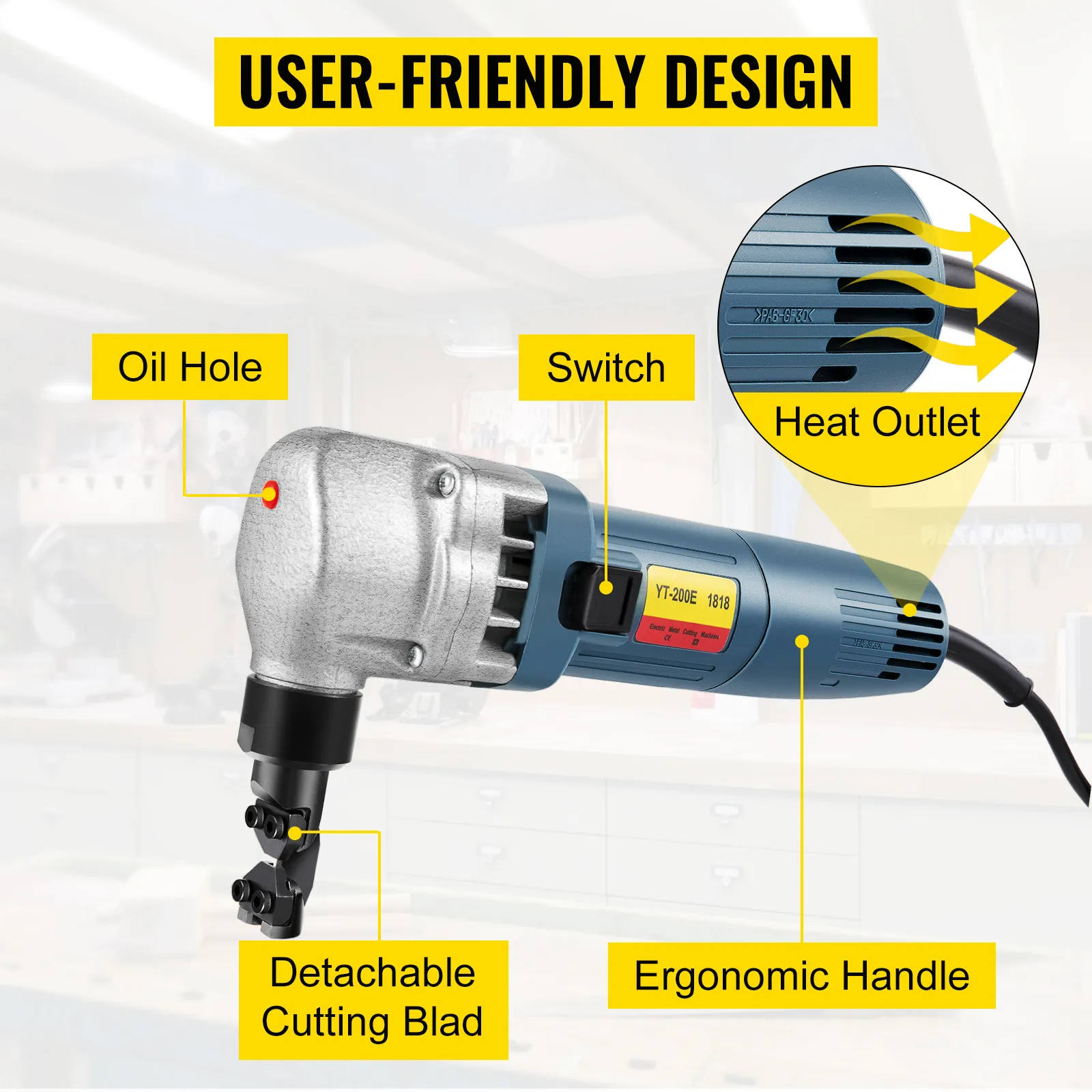 VEVOR sheet metal nibbler with ergonomic handle, detachable cutting blade, and heat outlet.