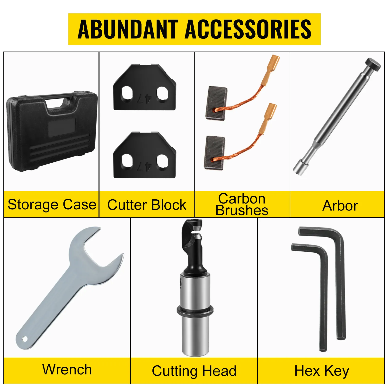 VEVOR sheet metal nibbler accessories: storage case, cutter block, carbon brushes, arbor.
