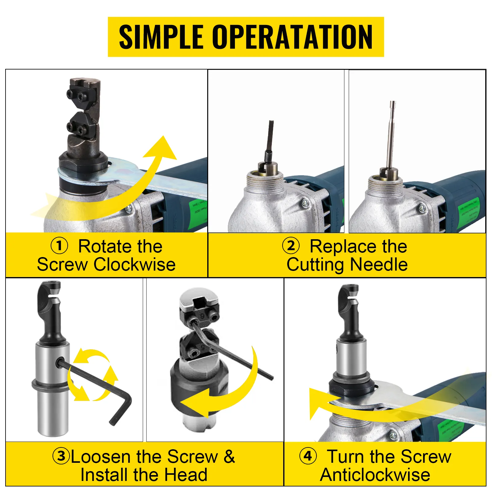 VEVOR sheet metal nibbler operation: rotate screw, replace needle, install head, tighten.