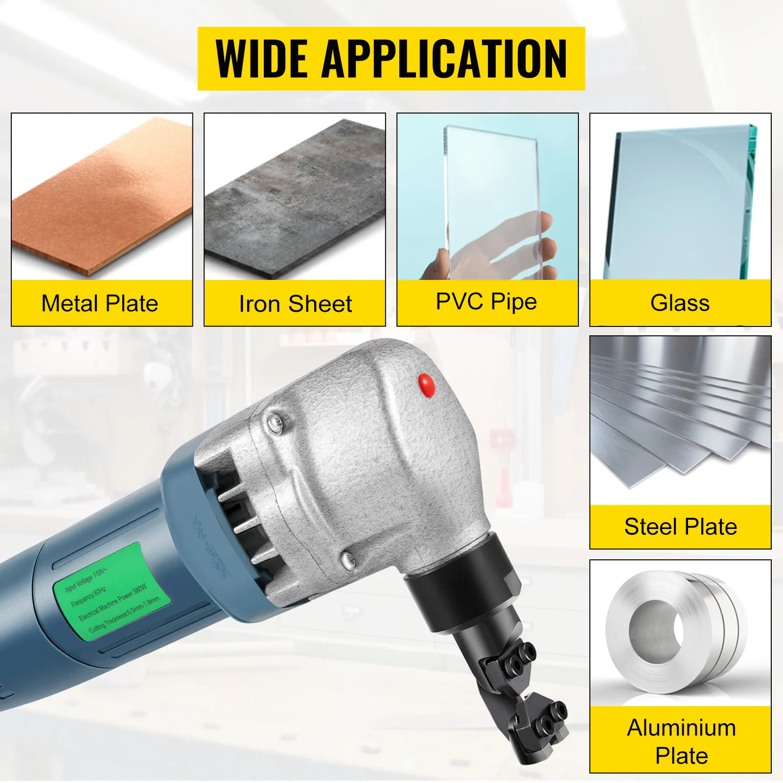 VEVOR sheet metal nibbler for metal, iron, pvc, glass, steel, and aluminum plates.