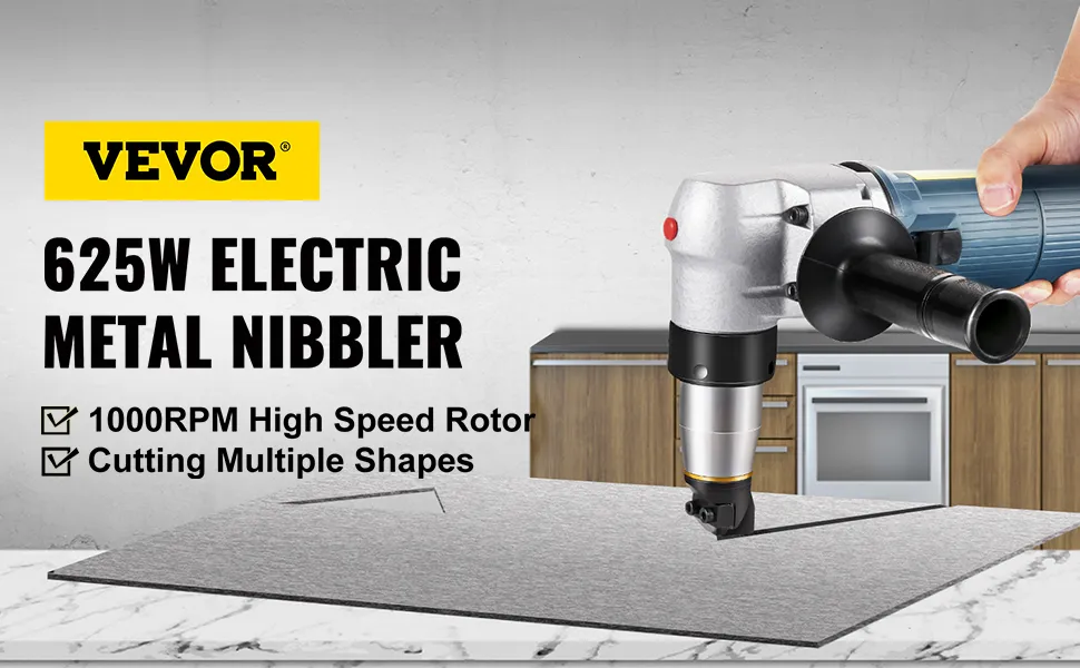 VEVOR electric metal nibbler cutting metal sheet with high speed rotor in a workshop.