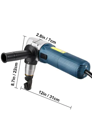 VEVOR electric metal nibbler with dimensions 12in x 8.7in x 2.8in.