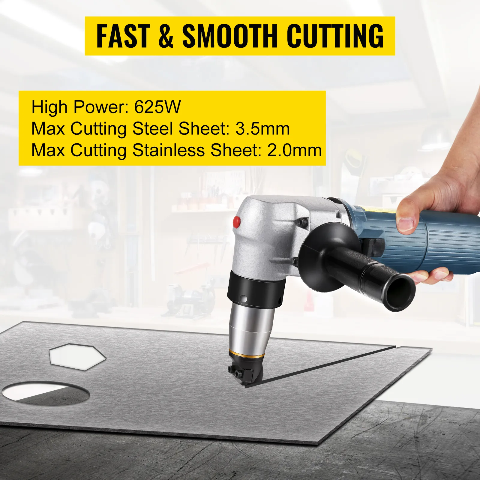 VEVOR electric metal nibbler cutting steel sheet with ease, showing specs and user hand.