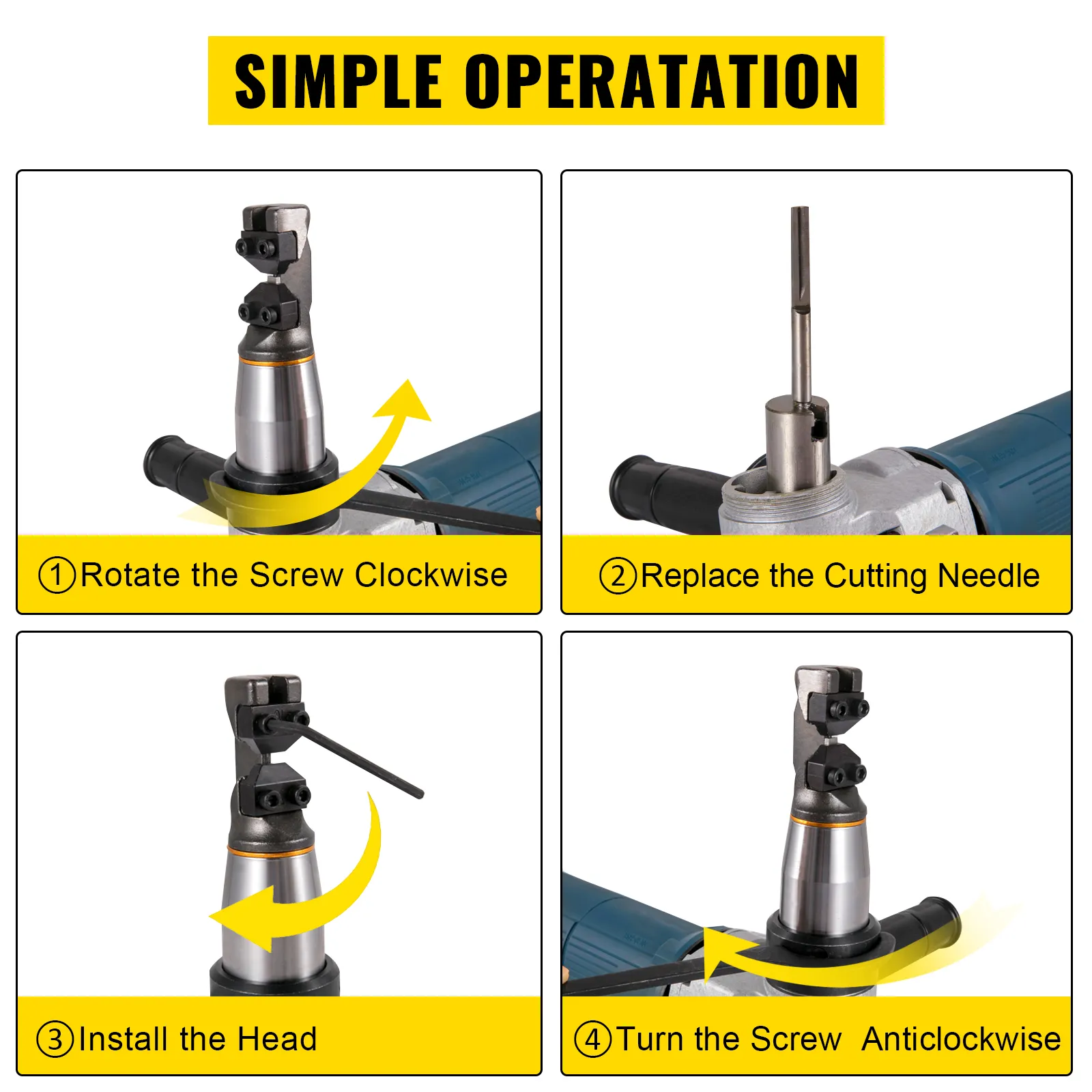 VEVOR electric metal nibbler: simple steps for needle replacement and head installation.