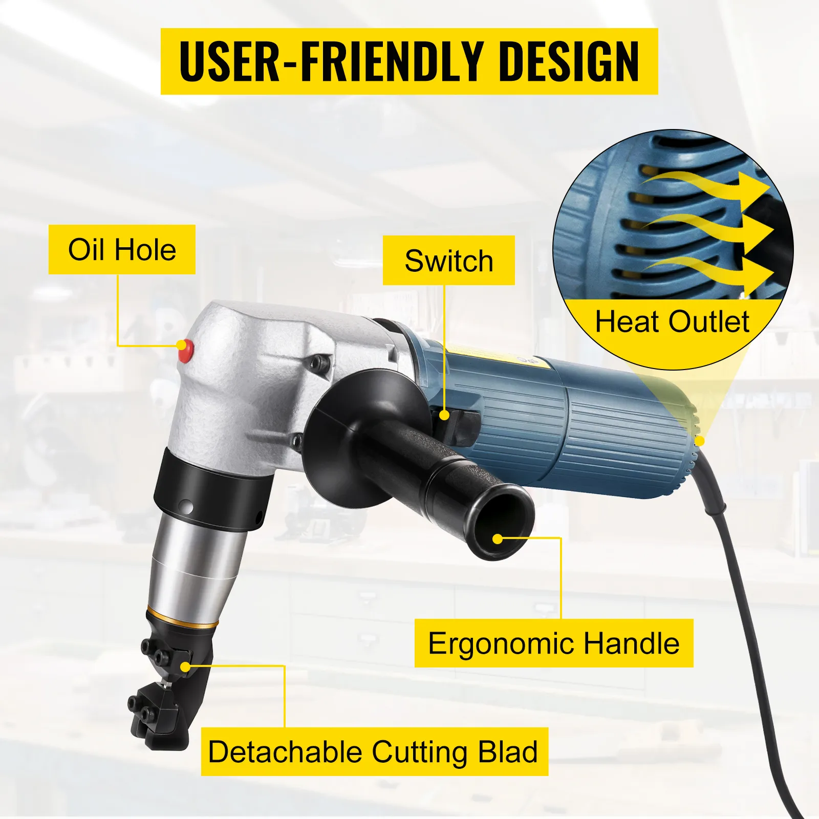 key features of the VEVOR electric metal nibbler, highlighting ergonomic design.