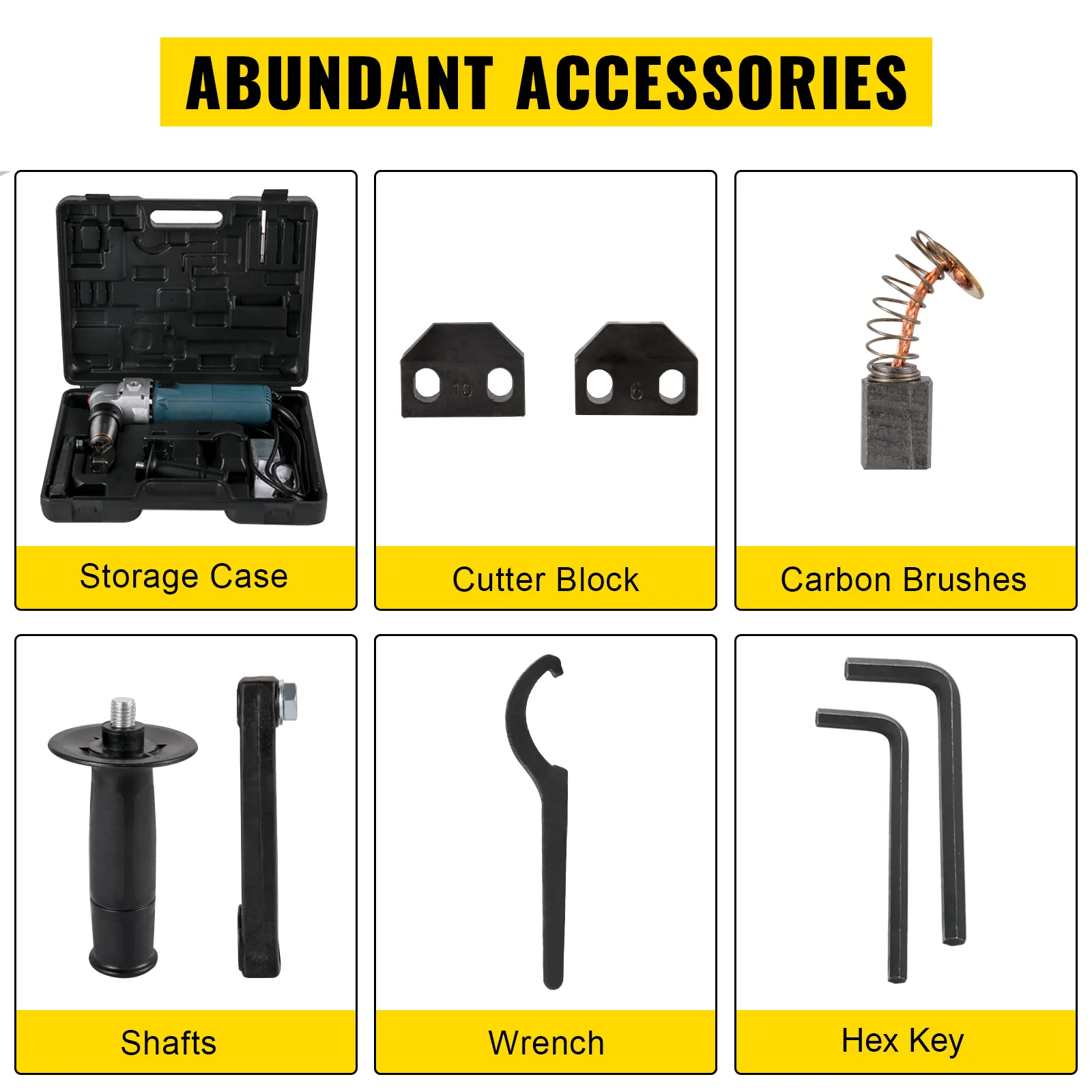 VEVOR electric metal nibbler accessories: storage case, cutter block, carbon brushes, shafts