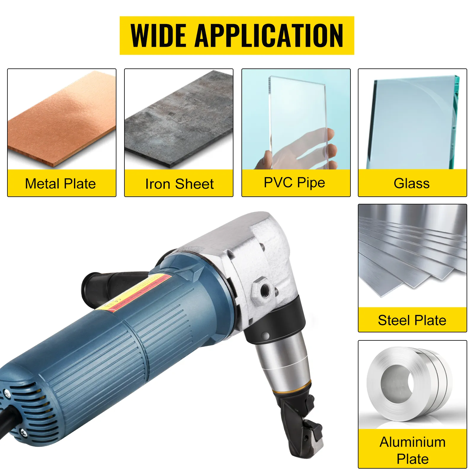 VEVOR electric metal nibbler for cutting metal plates, iron sheets, pvc pipe, and glass.