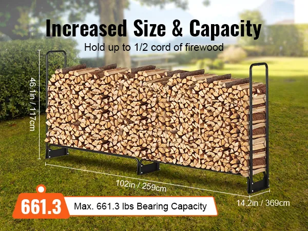 Rastrelliera per legna da ardere VEVOR per la raccolta di legna da ardere accatastata, etichettata con dimensioni e capacità di carico di 300 kg.
