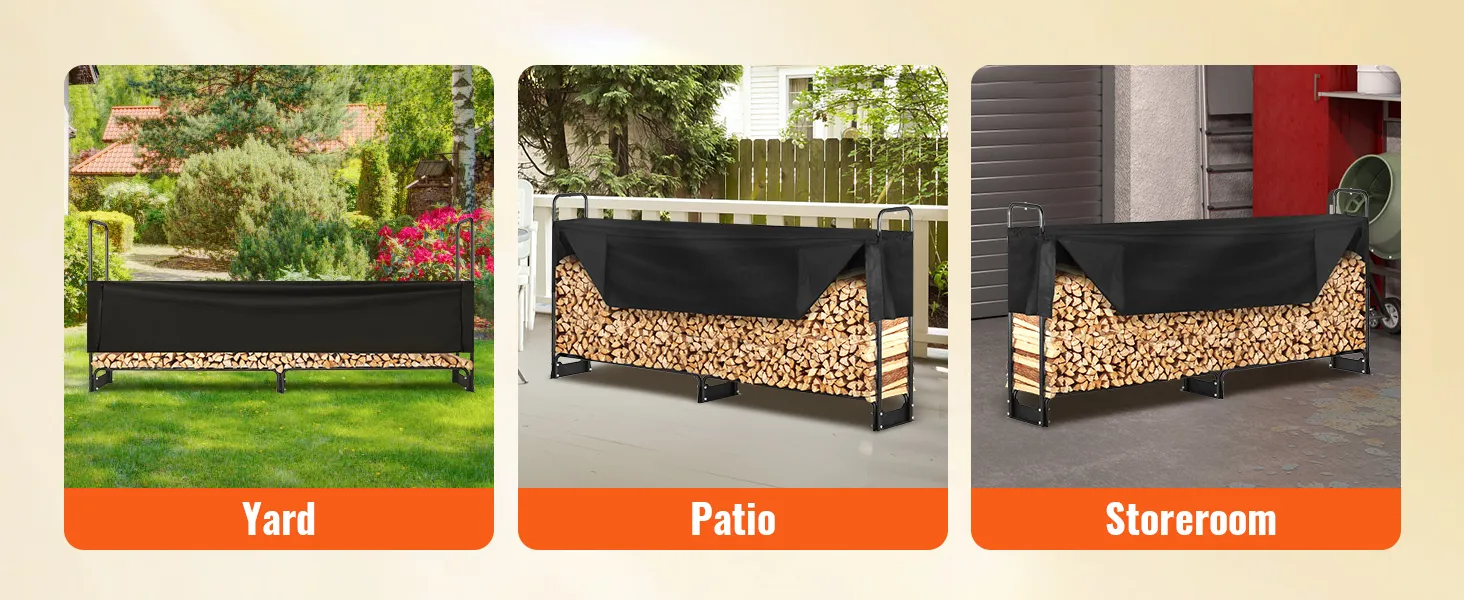 Portalegna VEVOR per cortile, patio e ripostiglio, con coperchio nero e legna da ardere accatastata.