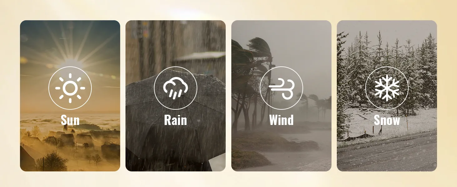 Symbole für Sonnenschein, Regen, Wind und Schnee zeigen die Wetterbeständigkeit des VEVOR-Brennholzregals an.