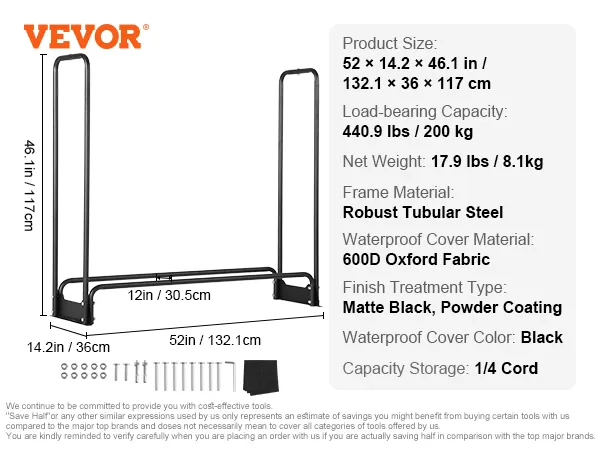 VEVOR firewood rack 52" x 14.2" x 46.1", steel frame, load 440.9 lbs, waterproof cover, matte black.