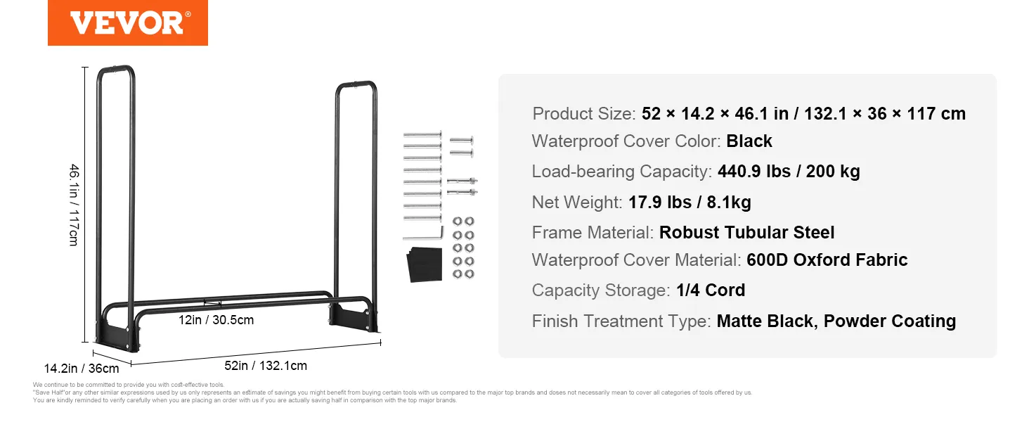 VEVOR firewood rack 52" x 14.2" x 46.1", steel frame, load 440.9 lbs, waterproof cover, matte black.