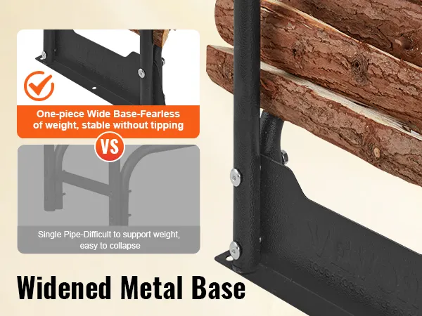 VEVOR firewood rack features a widened metal base for stability, showcasing its sturdy design and support.