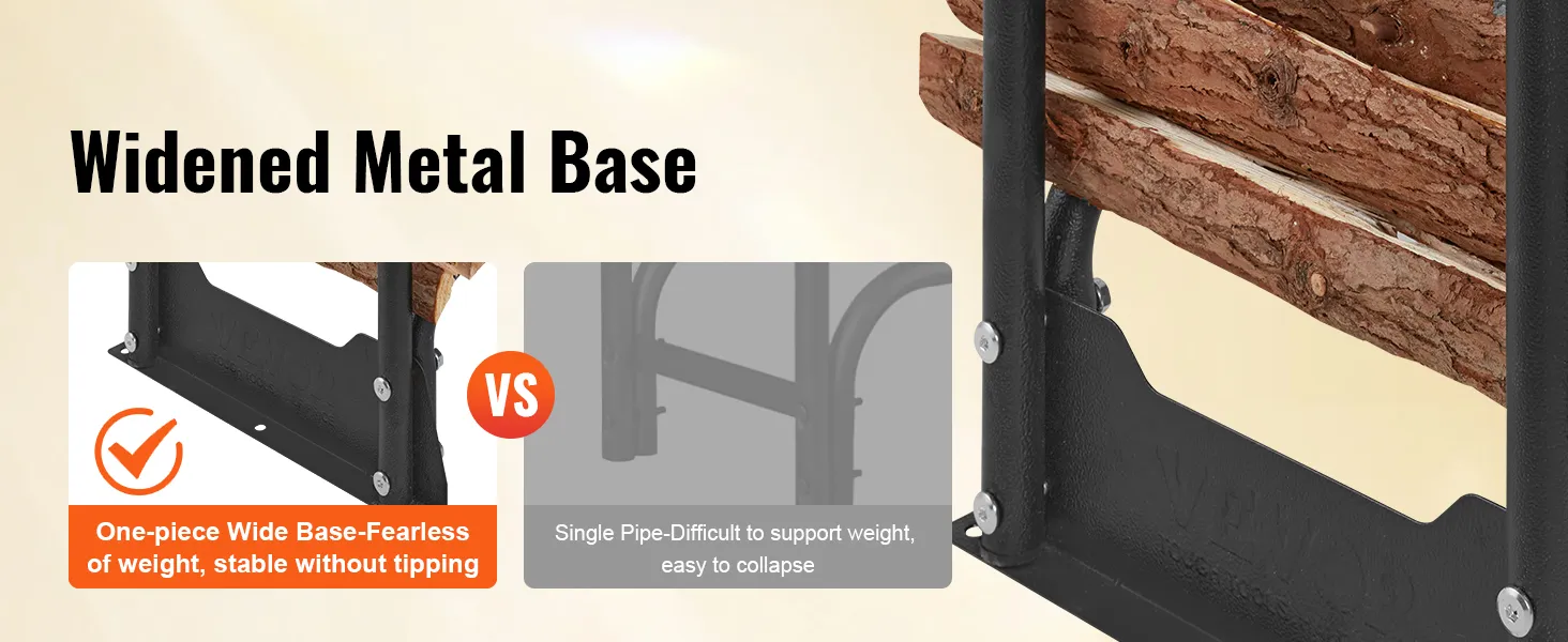 VEVOR firewood rack features a widened metal base for stability, showcasing its sturdy design and support.