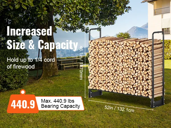VEVOR firewood rack with 440.9 lbs capacity, 52 inches wide, holding up to 1/4 cord of firewood, in garden.