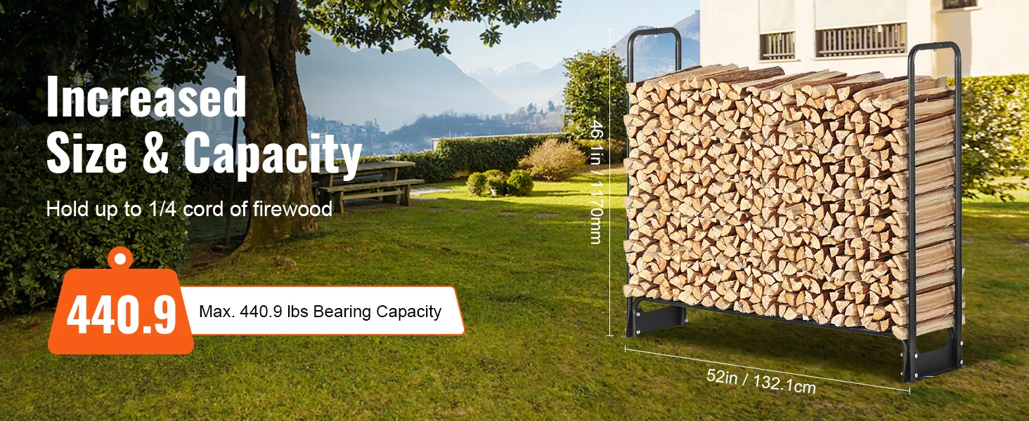 VEVOR firewood rack with 440.9 lbs capacity, 52 inches wide, holding up to 1/4 cord of firewood, in garden.