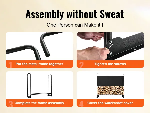 assembly steps for VEVOR firewood rack: join frame, tighten screws, complete assembly, cover it.