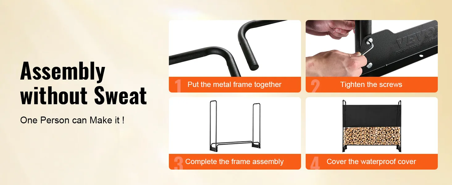 assembly steps for VEVOR firewood rack: join frame, tighten screws, complete assembly, cover it.