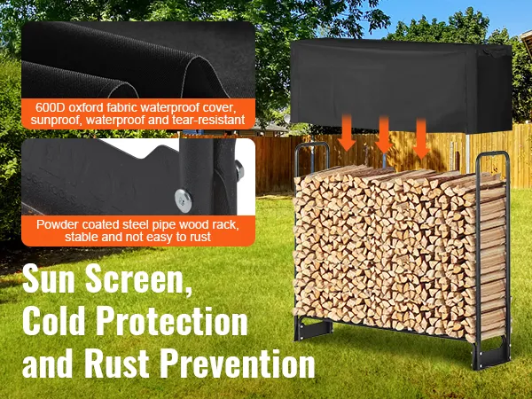 VEVOR firewood rack with waterproof cover, powder-coated steel, and sun protection in a backyard setting