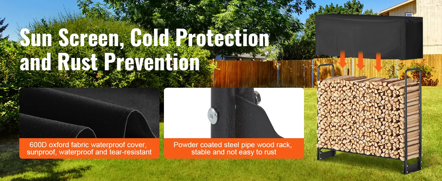 VEVOR firewood rack with waterproof cover, powder-coated steel, and sun protection in a backyard setting