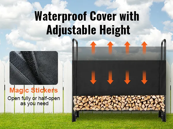 VEVOR firewood rack with adjustable waterproof cover and magic stickers in front of white fence.