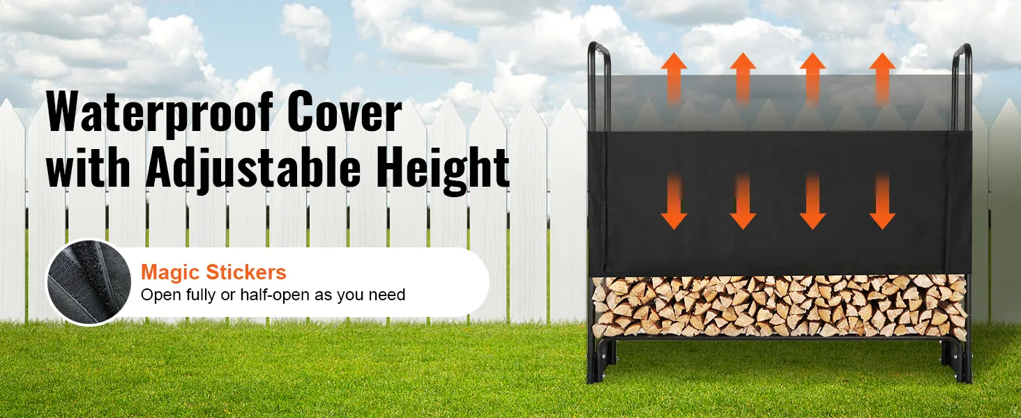 VEVOR firewood rack with adjustable waterproof cover and magic stickers in front of white fence.