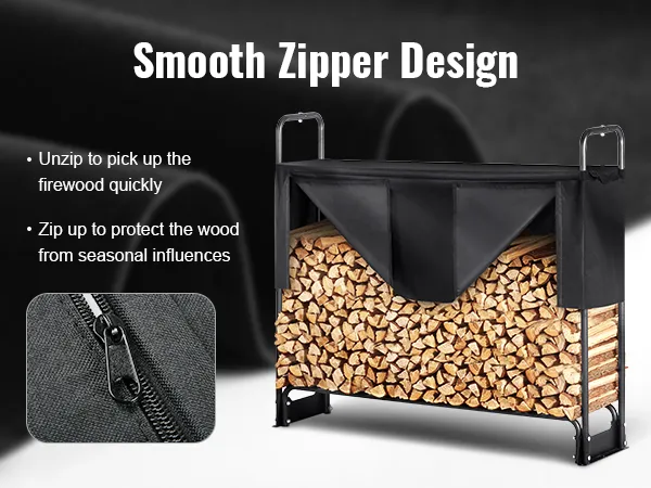 VEVOR firewood rack with cover, smooth zipper design, and easy access for quick firewood retrieval.