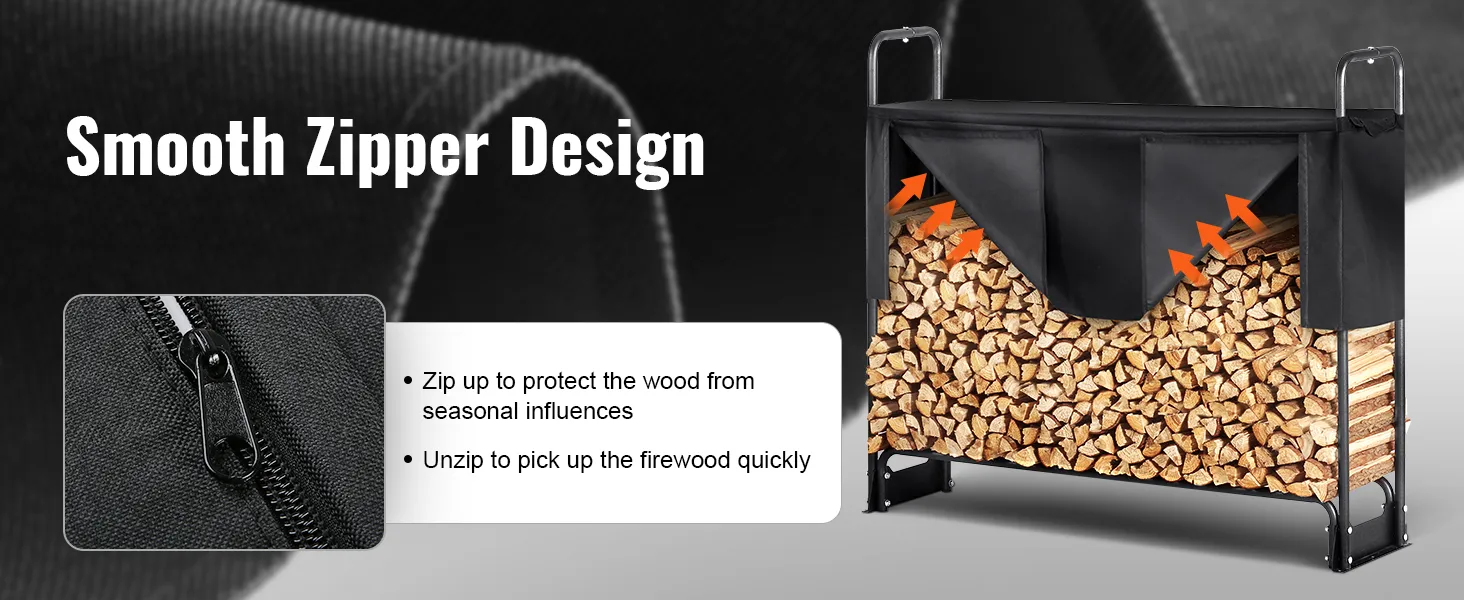 VEVOR firewood rack with cover, smooth zipper design, and easy access for quick firewood retrieval.