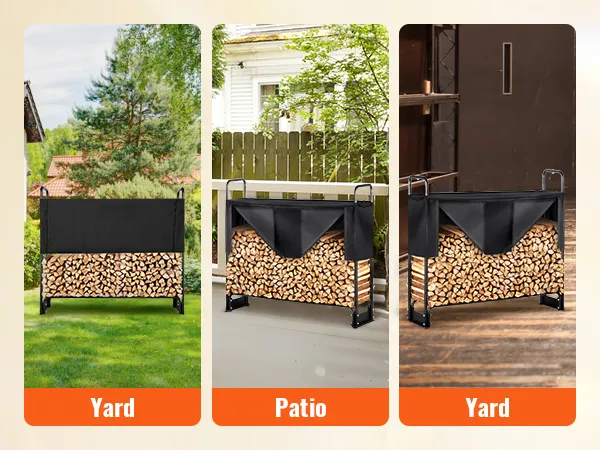 VEVOR firewood rack for yard, patio, and storeroom, showcasing stacked firewood with black cover.