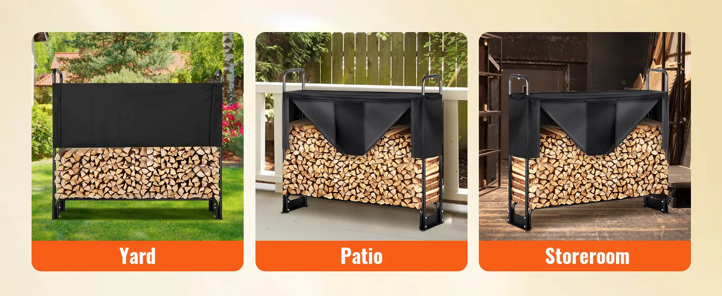 VEVOR firewood rack for yard, patio, and storeroom, showcasing stacked firewood with black cover.