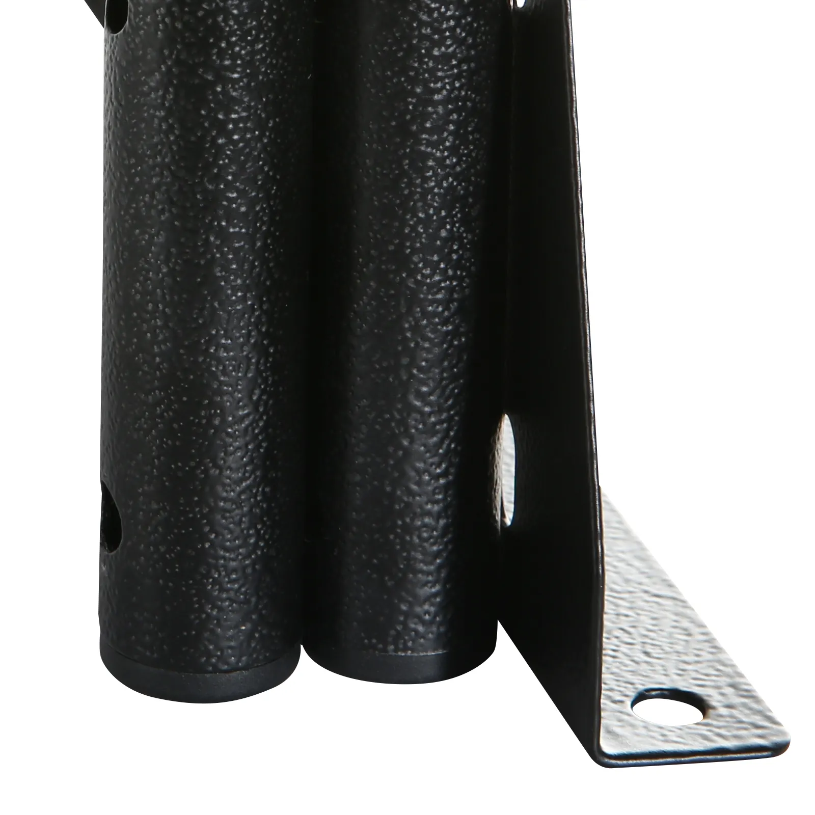 close-up of black steel tubing with textured surface and mounting holes for VEVOR firewood rack.