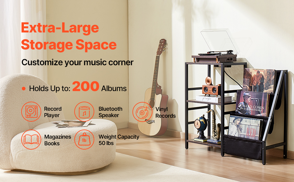 ぽ*ん様 Vinyl Player Record Rack VEVOR Record Player Stand with Charging Station –3 Tier, LED