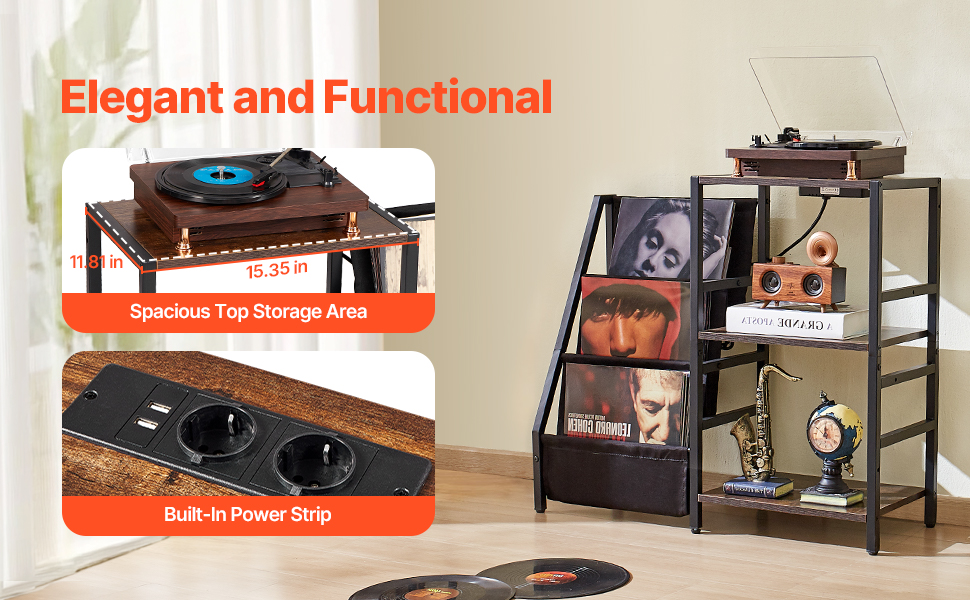 ぽ*ん様 Vinyl Player Record Rack VEVOR Record Player Stand with Charging Station –3 Tier, LED