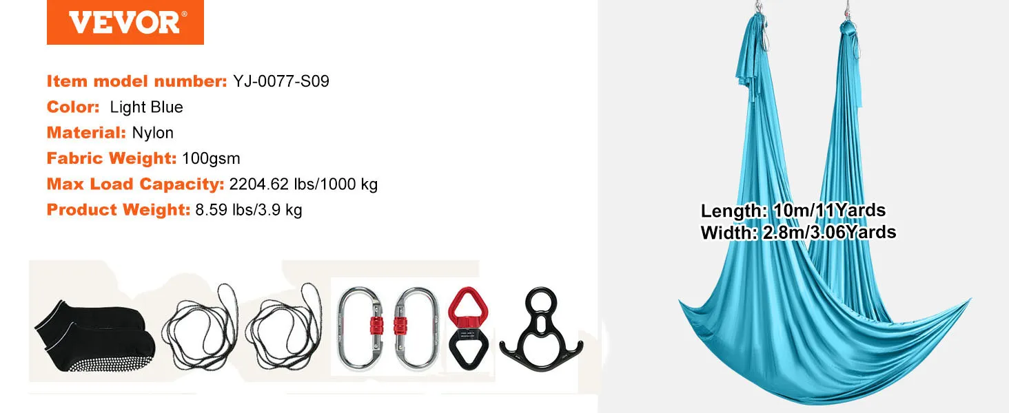 VEVOR aerial yoga hammock, light blue nylon, max load 2204 lbs, includes carabiners and climbing rope.
