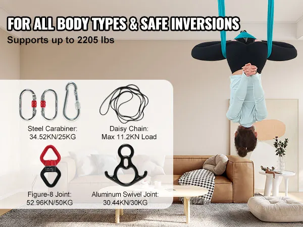 Configuración de hamaca de yoga aérea VEVOR, soporta hasta 2205 libras, con mosquetón de acero, conexión en cadena, figura 8, articulación giratoria.