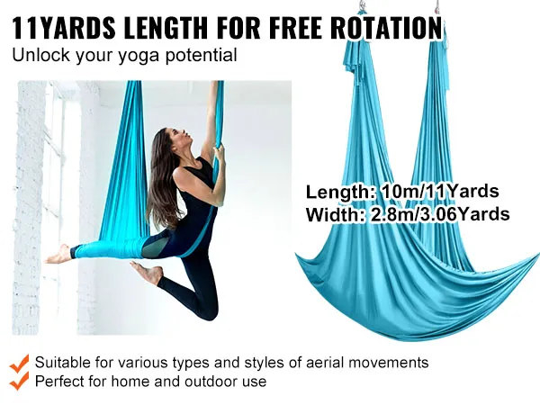 Hamaca de yoga aérea VEVOR en azul utilizada por una persona que realiza posturas de yoga aéreo, adecuada para el hogar o al aire libre.
