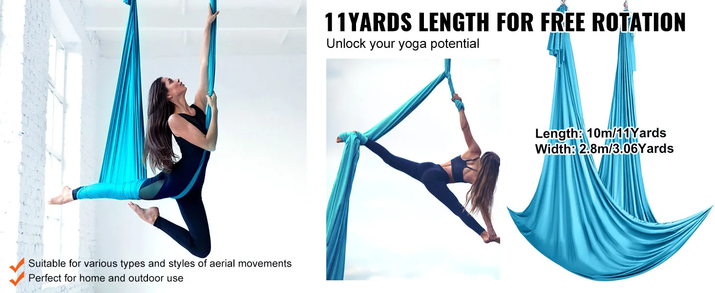 VEVOR aerial yoga hammock in blue used by a person performing aerial yoga poses, suitable for home or outdoors.