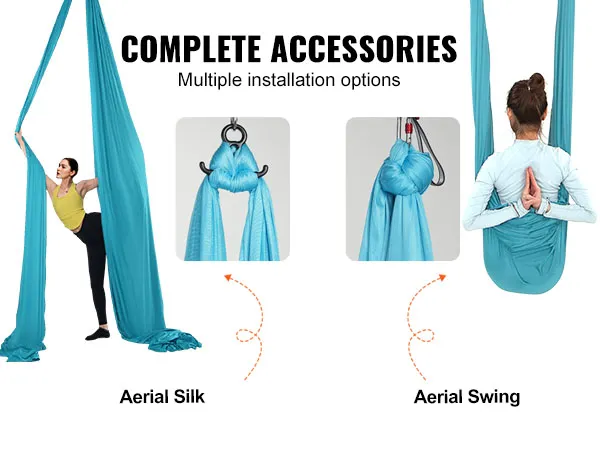 Hamaca de yoga aérea VEVOR con accesorios completos, incluidos mosquetones y cadenas para diversas configuraciones.