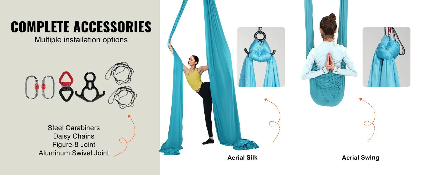 Hamaca de yoga aérea VEVOR con accesorios completos, incluidos mosquetones y cadenas para diversas configuraciones.