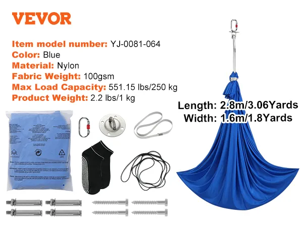 VEVOR sensory swing, blue nylon, 100gsm, 250kg max capacity, includes mounting hardware.